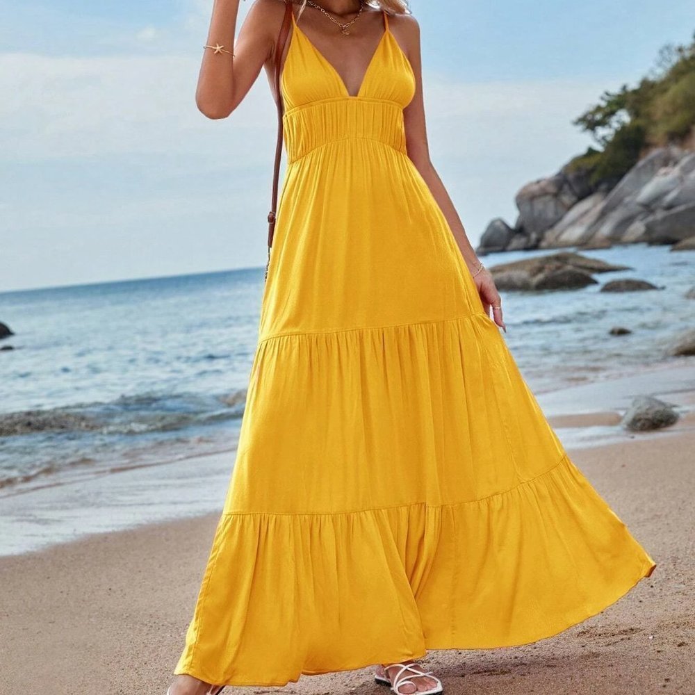 Yellow Boho Womens Ruffle Hem Maxi Cami Dress - Picture 3 of 5